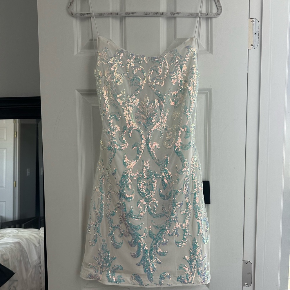 White iridescent sequin backless mini dress